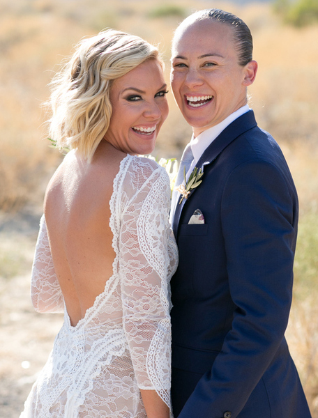 Heidi and Theresa's Palm Springs Wedding with Synchronized Swimmers and A  Grace Loves Lace Dress, by Michael Segal - Boho Wedding Blog